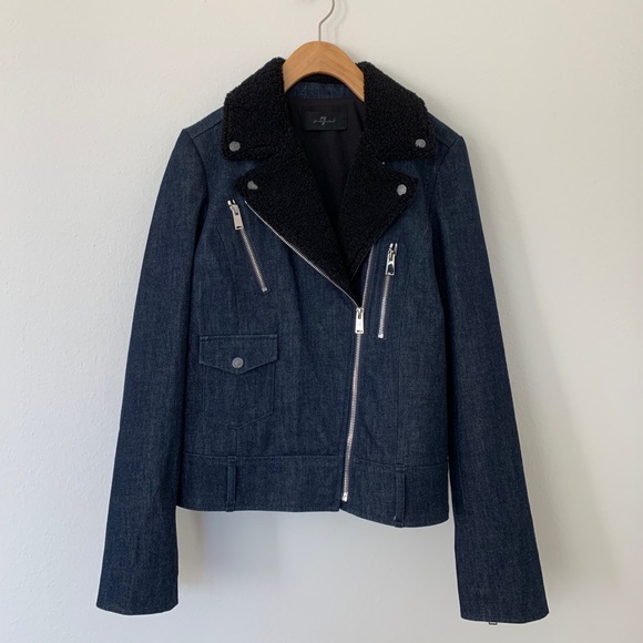 7 For All Mankind Denim Shearling Moto Jacket - Picture 1 of 11